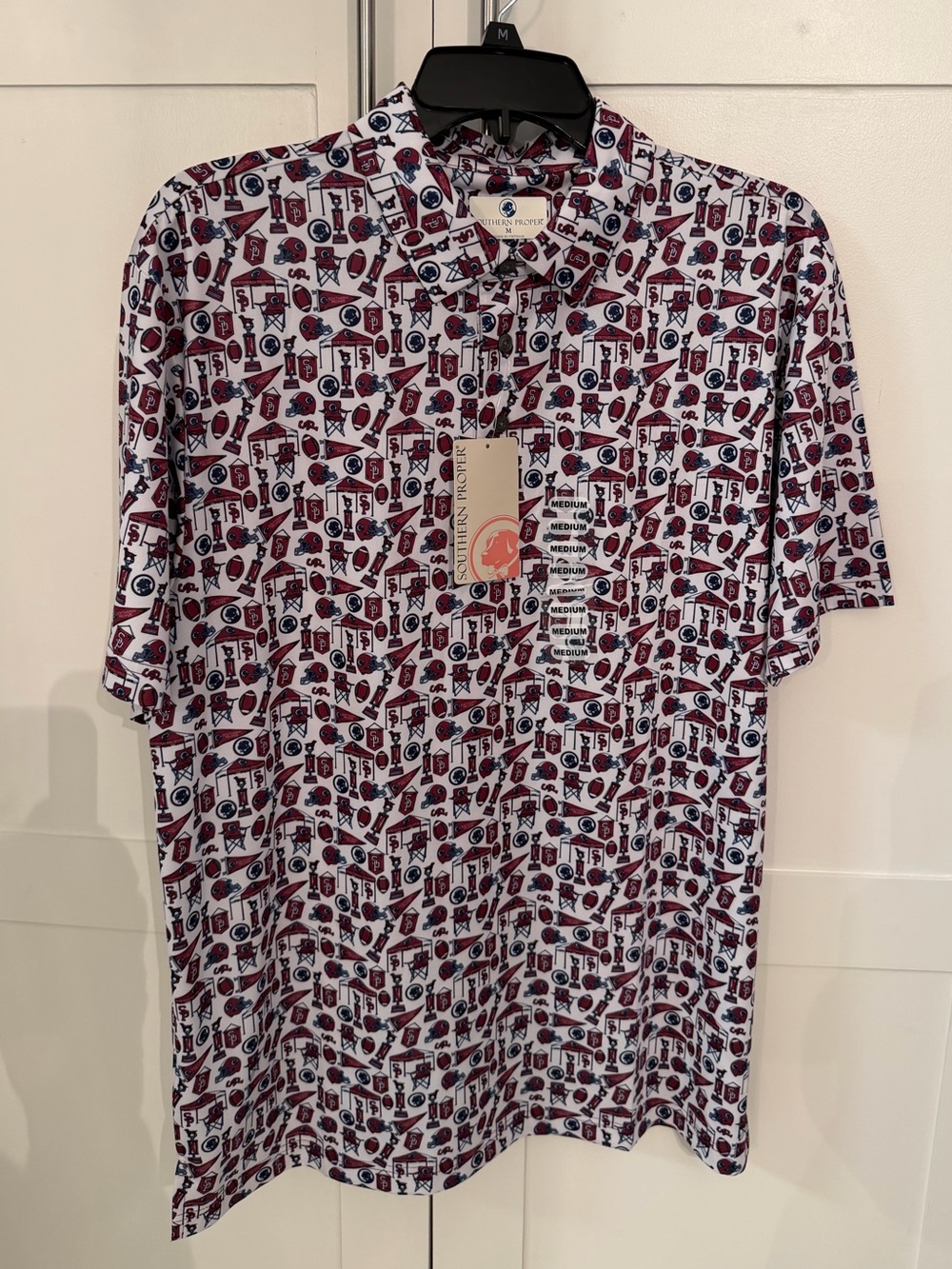 Southern Proper White Polo with Maroon & Navy Football print